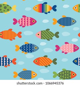 Beautiful Seamless Pattern with Fish Icons. Vector Illustration. Cartoon Style. Decorative Design for Travel, Fishing, Holidays, Education Classes, Web Backgrounds. Wrapping Paper or Textile Design.