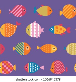 Beautiful Seamless Pattern with Fish Icons. Vector Illustration. Cartoon Style. Decorative Design for Travel, Fishing, Holidays, Education Classes, Web Backgrounds. Wrapping Paper or Textile Design.