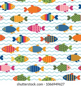 Beautiful Seamless Pattern with Fish Icons. Vector Illustration. Cartoon Style. Decorative Design for Travel, Fishing, Holidays, Education Classes, Web Backgrounds. Wrapping Paper or Textile Design.