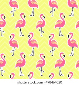 Beautiful seamless pattern with flamingo pink flamingo on bright yellow background, trendy fashion textile print, pop art vector design. Retro 80s style