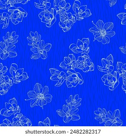 Schönes nahtloses Muster. Blumenhintergrund mit handgezeichneten Krokussen. Botanischer rustikaler Druck für Textil-, Papier-, Frühlings- und Sommerdesign, Vektorillustration