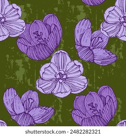 Beautiful seamless pattern. Floral background with hand drawn crocuses. Botanical rustic print for textile, paper, spring and summer design, vector illustration