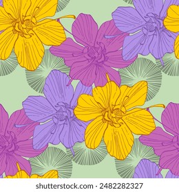 Beautiful seamless pattern. Floral background with hand drawn crocuses. Botanical rustic print for textile, paper, spring and summer design, vector illustration