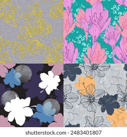 Beautiful seamless pattern. Floral background with hand drawn crocuses. Botanical rustic print for textile, paper, spring and summer design, vector illustration