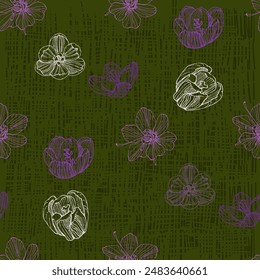 Beautiful seamless pattern. Floral background with hand drawn crocuses. Botanical rustic print for textile, paper, spring and summer design, vector illustration