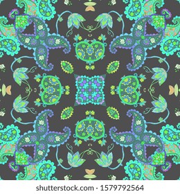Beautiful seamless pattern with floral and paisley ornament. Print for fabric and textile. Cushion, napkin, rug. 