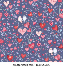Beautiful seamless pattern with flowering branches of hearts and birds. Decorative vector illustration texture on grey background.