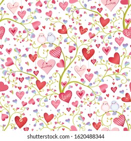 Beautiful seamless pattern with flowering branches of hearts and birds. Decorative vector illustration texture on white background.