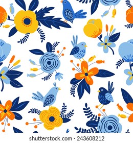 Hermoso patrón impecable con flores y pájaros. Ilustración brillante, se puede utilizar para crear tarjeta, tarjeta de invitación para boda, papel pintado y textil