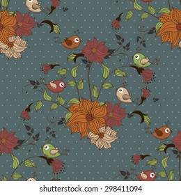 Beautiful seamless pattern with flowers and birds on blue background with dots
