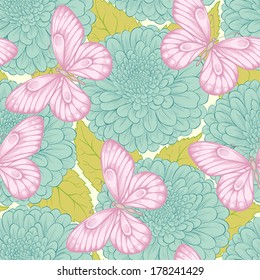 Beautiful seamless pattern with flowers chrysanthemums, leaves and butterflies. Hand-drawn contour lines and strokes. Perfect for background greeting cards and invitations of the wedding, birthday