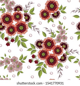 Beautiful seamless pattern with flowers and leaves. Spring seamless background with flowers.
