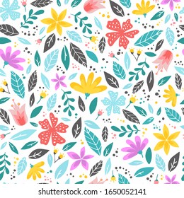 hermoso patrón impecable con flores y hojas sobre fondo blanco. Impresión textil y de tela, papel pintado, papel de envoltura, rayado, papelería, etc. Primavera, tema del día de la mujer. EPS 10
