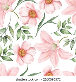 beautiful seamless pattern flowers and leaves watercolor