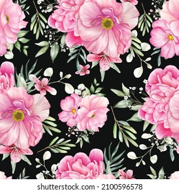 beautiful seamless pattern flowers and leaves watercolor