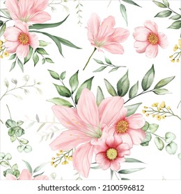 beautiful seamless pattern flowers and leaves watercolor