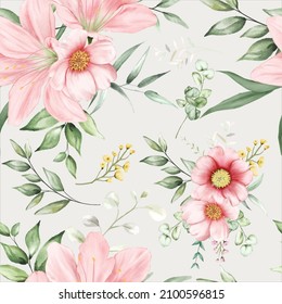 beautiful seamless pattern flowers and leaves watercolor