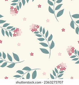 Beautiful seamless pattern with flowers and leaves against a light background.