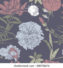 Beautiful seamless pattern with flowers: lilies, irises, roses