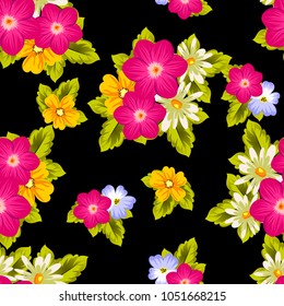 Beautiful seamless pattern of flowers on a black background. For your textile design, postcards, greeting for birthday, wedding and many more. Vector illustration.