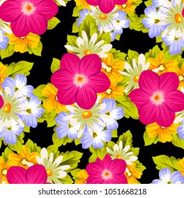 Beautiful seamless pattern of flowers on a black background. For your textile design, postcards, greeting for birthday, wedding and many more. Vector illustration.
