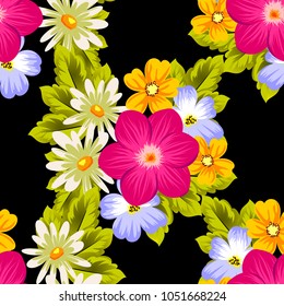 Beautiful seamless pattern of flowers on a black background. For your textile design, postcards, greeting for birthday, wedding and many more. Vector illustration.