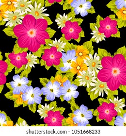 Beautiful seamless pattern of flowers on a black background. For your textile design, postcards, greeting for birthday, wedding and many more. Vector illustration.