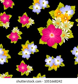 Beautiful seamless pattern of flowers on a black background. For your textile design, postcards, greeting for birthday, wedding and many more. Vector illustration.