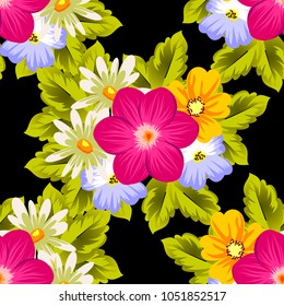 Beautiful seamless pattern of flowers on a black background. For your textile design, postcards, greeting for birthday, wedding and many more. Vector illustration.