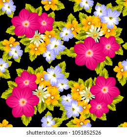 Beautiful seamless pattern of flowers on a black background. For your textile design, postcards, greeting for birthday, wedding and many more. Vector illustration.