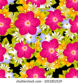 Beautiful seamless pattern of flowers on a black background. For your textile design, postcards, greeting for birthday, wedding and many more. Vector illustration.