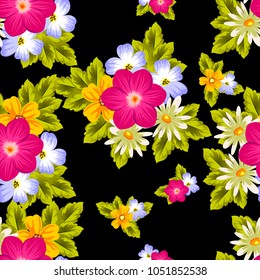 Beautiful seamless pattern of flowers on a black background. For your textile design, postcards, greeting for birthday, wedding and many more. Vector illustration.