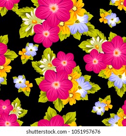 Beautiful seamless pattern of flowers on a black background. For your textile design, postcards, greeting for birthday, wedding and many more. Vector illustration.