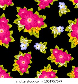 Beautiful seamless pattern of flowers on a black background. For your textile design, postcards, greeting for birthday, wedding and many more. Vector illustration.