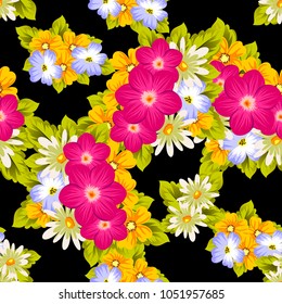 Beautiful seamless pattern of flowers on a black background. For your textile design, postcards, greeting for birthday, wedding and many more. Vector illustration.