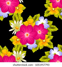 Beautiful seamless pattern of flowers on a black background. For your textile design, postcards, greeting for birthday, wedding and many more. Vector illustration.