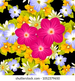 Beautiful seamless pattern of flowers on a black background. For your textile design, postcards, greeting for birthday, wedding and many more. Vector illustration.