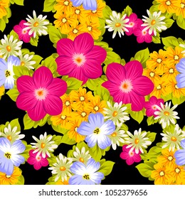 Beautiful seamless pattern of flowers on a black background. For your textile design, postcards, greeting for birthday, wedding and many more. Vector illustration.