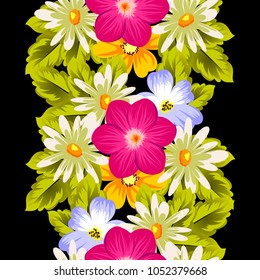 Beautiful seamless pattern of flowers on a black background. For your textile design, postcards, greeting for birthday, wedding and many more. Vector illustration.