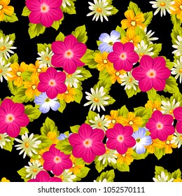 Beautiful seamless pattern of flowers on a black background. For your textile design, postcards, greeting for birthday, wedding and many more. Vector illustration.