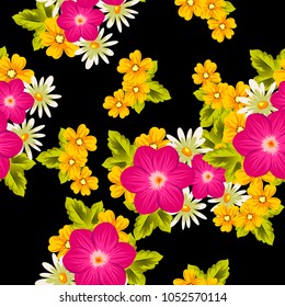 Beautiful seamless pattern of flowers on a black background. For your textile design, postcards, greeting for birthday, wedding and many more. Vector illustration.