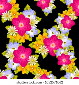 Beautiful seamless pattern of flowers on a black background. For your textile design, postcards, greeting for birthday, wedding and many more. Vector illustration.