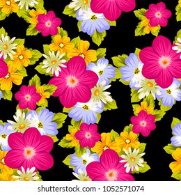 Beautiful seamless pattern of flowers on a black background. For your textile design, postcards, greeting for birthday, wedding and many more. Vector illustration.