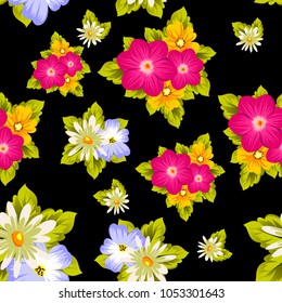 Beautiful seamless pattern of flowers on a black background. For your textile design, postcards, greeting for birthday, wedding and many more. Vector illustration.