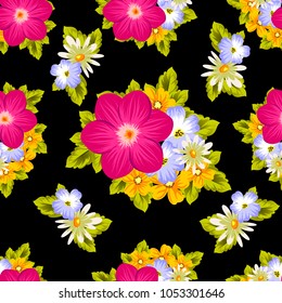 Beautiful seamless pattern of flowers on a black background. For your textile design, postcards, greeting for birthday, wedding and many more. Vector illustration.