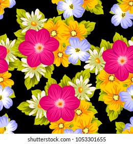 Beautiful seamless pattern of flowers on a black background. For your textile design, postcards, greeting for birthday, wedding and many more. Vector illustration.