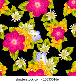 Beautiful seamless pattern of flowers on a black background. For your textile design, postcards, greeting for birthday, wedding and many more. Vector illustration.