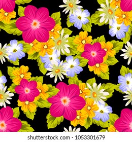 Beautiful seamless pattern of flowers on a black background. For your textile design, postcards, greeting for birthday, wedding and many more. Vector illustration.