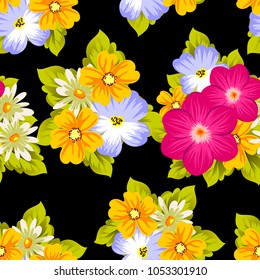 Beautiful seamless pattern of flowers on a black background. For your textile design, postcards, greeting for birthday, wedding and many more. Vector illustration.