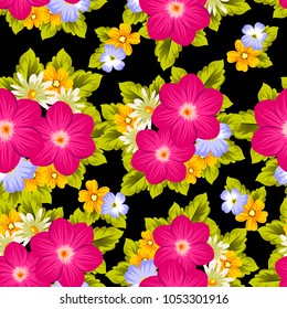Beautiful seamless pattern of flowers on a black background. For your textile design, postcards, greeting for birthday, wedding and many more. Vector illustration.